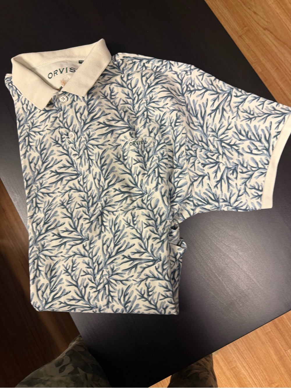 Orvis White Polo with Blue Coral Motif